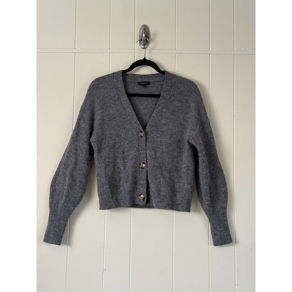 Quince Womens Wool Baby Alpaca Blend V-Neck Cardigan Knit Puff Sleeve Size M